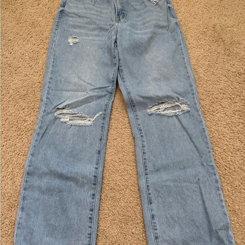 Edikted Light Blue Distressed Straight Leg Jeans
